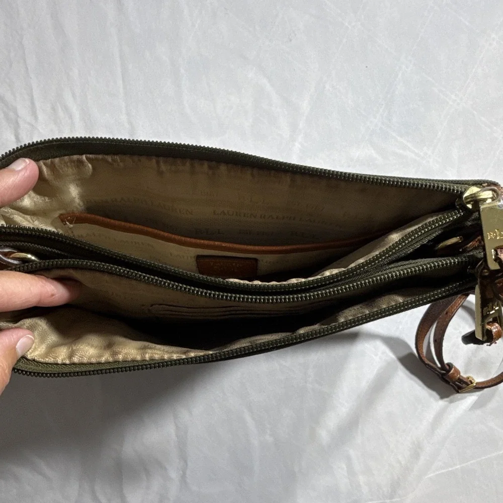 Lauren Ralph Lauren Green Nylon Crossbody Bag Brown Strap Gold Hardware